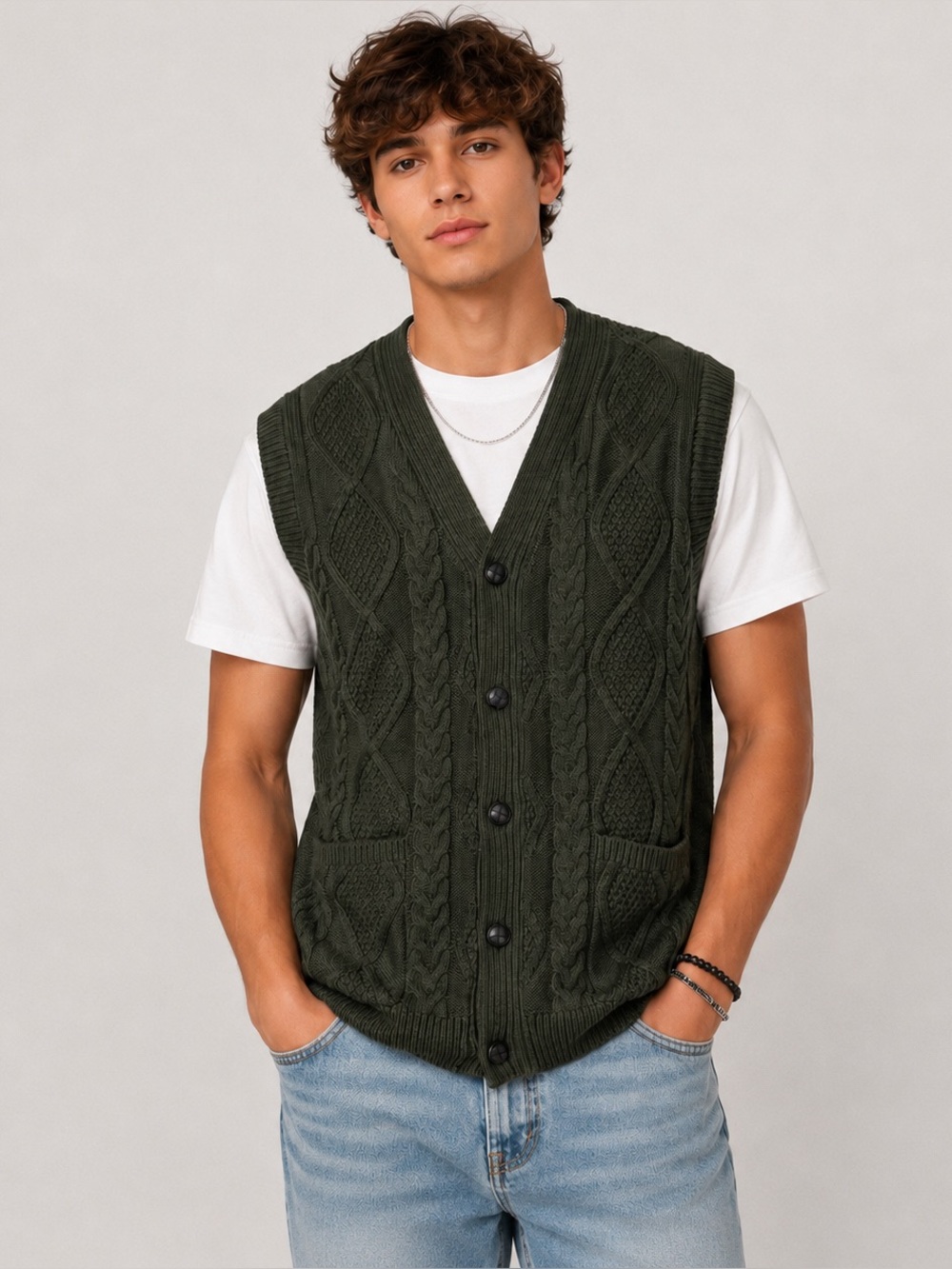 Paul Jones Green Sweater Vest Fisherman Mens Size L Cable Knit Cardigan Pockets